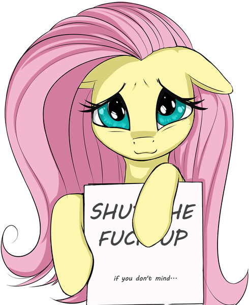 Size: 873x1068 | Tagged: safe, artist:coinpo, derpibooru import, edit, fluttershy, pegasus, pony, censored vulgarity, looking at you, sign, solo, stfu, vulgar