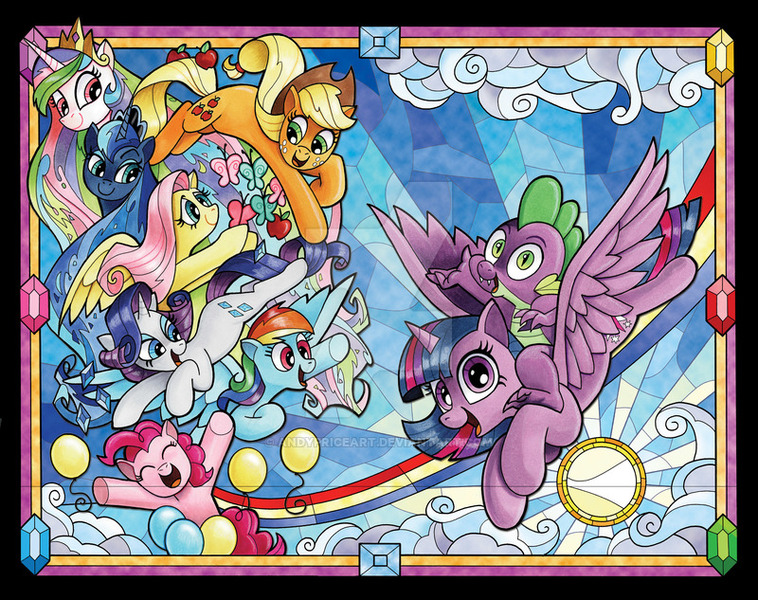 Size: 800x633 | Tagged: alicorn, apple, applejack, artist:andypriceart, balloon, butterfly, cloud, comic cover, derpibooru import, deviantart watermark, fluttershy, flying, food, frame, gemstones, idw, looking at each other, looking at you, mane seven, mane six, obtrusive watermark, pinkie pie, princess celestia, princess luna, rainbow, rainbow dash, rarity, safe, smiling, spike, stained glass, sun, sunbeam, twilight sparkle, twilight sparkle (alicorn), watermark, wrap around