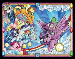 Size: 800x633 | Tagged: alicorn, apple, applejack, artist:andypriceart, balloon, butterfly, cloud, comic cover, derpibooru import, deviantart watermark, fluttershy, flying, food, frame, gemstones, idw, looking at each other, looking at you, mane seven, mane six, obtrusive watermark, pinkie pie, princess celestia, princess luna, rainbow, rainbow dash, rarity, safe, smiling, spike, stained glass, sun, sunbeam, twilight sparkle, twilight sparkle (alicorn), watermark, wrap around