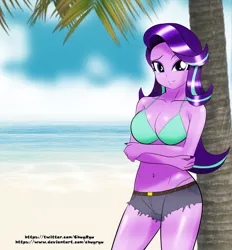Size: 2704x2914 | Tagged: suggestive, artist:chuyryu, derpibooru import, starlight glimmer, equestria girls, beach, belly button, belt, big breasts, bikini, breasts, busty starlight glimmer, cleavage, clothes, crossed arms, daisy dukes, female, looking at you, ocean, palm tree, sand, sexy, shorts, smiling, solo, solo female, swimsuit, tree