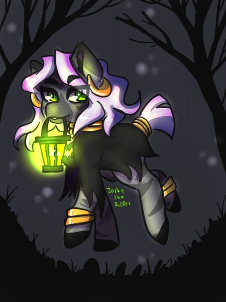 Size: 768x1024 | Tagged: alternate hairstyle, artist:jackytheripperart, clothes, costume, cute, derpibooru import, ear fluff, ear piercing, earring, eye clipping through hair, female, jewelry, lamp, luna eclipsed, mouth hold, nightmare night, piercing, safe, solo, zebra, zecora, zecorable