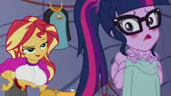 Size: 1280x720 | Tagged: suggestive, alternate version, artist:nokozeze, derpibooru import, edit, edited edit, editor:nokozeze, screencap, sci-twi, sunset shimmer, twilight sparkle, equestria girls, legend of everfree, abs, bedroom eyes, big breasts, blushing, breasts, buff, buff breasts, buff edit, busty sunset shimmer, fetish, implied lesbian, implied scitwishimmer, implied shipping, muscle edit, muscle fetish, muscles, sunset lifter, twilight muscle, underboob