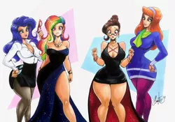 Size: 1280x895 | Tagged: artist:henrik-drake, big breasts, black dress, breasts, busty rainbow dash, busty rarity, cleavage, clothes, crossover, curvy, daphne blake, derpibooru import, dress, ear piercing, earring, female, females only, glasses, glasses rarity, hourglass figure, human, humanized, jewelry, legs, makeover, necklace, pantyhose, piercing, rainbow dash, rainbow dash always dresses in style, rarity, rarity's glasses, scooby doo, sexy, shirt, side slit, signature, skirt, suggestive, thick, thighs, tomboy taming, traditional art, velma dinkley, wide hips