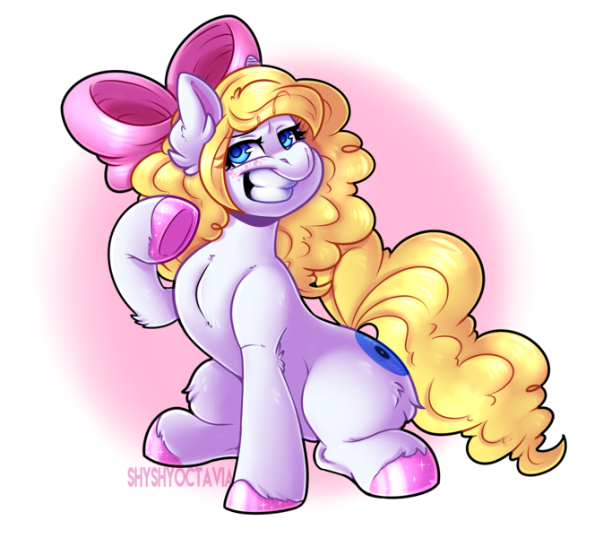 Size: 3488x3065 | Tagged: safe, artist:shyshyoctavia, derpibooru import, oc, oc:treble spirit, unofficial characters only, pony, unicorn, bow, commission, ear fluff, female, grin, hair bow, high res, mare, one hoof raised, signature, simple background, smiling, solo, transparent background