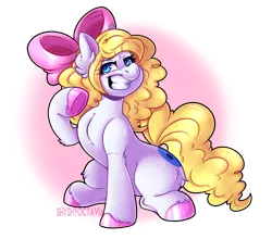 Size: 3488x3065 | Tagged: safe, artist:shyshyoctavia, derpibooru import, oc, oc:treble spirit, unofficial characters only, pony, unicorn, bow, commission, ear fluff, female, grin, hair bow, high res, mare, one hoof raised, signature, simple background, smiling, solo, transparent background