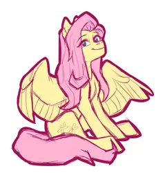 Size: 1126x1195 | Tagged: safe, artist:3-14sin, artist:apilsinn, derpibooru import, fluttershy, pegasus, pony, cute, eye clipping through hair, looking at you, no pupils, shyabetes, simple background, sitting, solo, spread wings, white background, wings