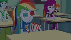Size: 1920x1080 | Tagged: safe, derpibooru import, screencap, captain planet, golden hazel, mystery mint, rainbow dash, equestria girls, equestria girls series, the last day of school, 3d glasses, background human, food, geode of super speed, magical geodes, popcorn
