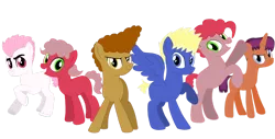 Size: 1280x650 | Tagged: safe, artist:dexterousdecarius, derpibooru import, oc, oc:buff biceps, oc:cal, oc:calzone, oc:flash hunter, oc:hunter, oc:pepper, oc:rhubarb, oc:sizzle spark, pony, base used, offspring, parent:bulk biceps, parent:cheese sandwich, parent:flash sentry, parent:fluttershy, parent:pinkie pie, parent:tempest shadow, parent:twilight sparkle, parents:cheesepie, parents:flashlight, parents:flutterbulk, parents:tempestsentry, simple background, transparent background