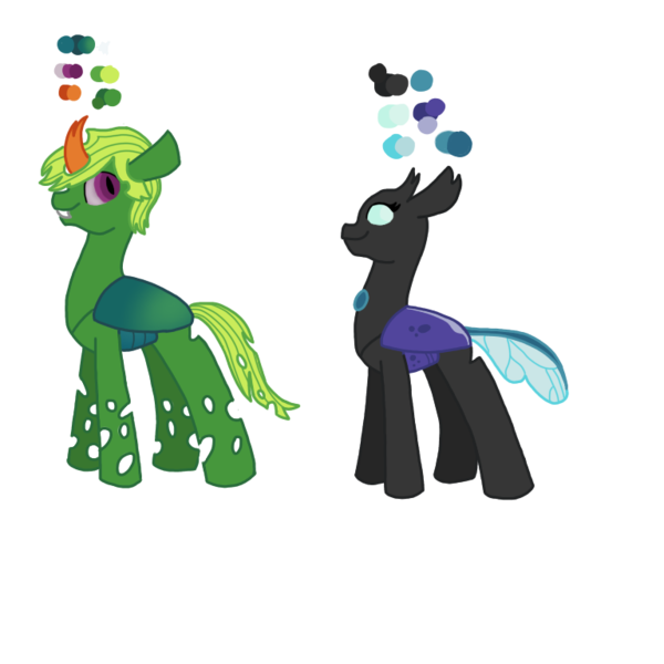 Size: 768x768 | Tagged: artist:dexterousdecarius, brother and sister, changeling, changeling oc, derpibooru import, female, green changeling, headcanon in the description, hybrid, male, oc, oc:carapace, oc:elytra, parent:queen chrysalis, parents:chrysarax, parent:thorax, safe, siblings, simple background, transparent background