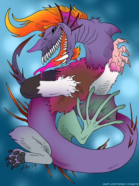 Size: 900x1200 | Tagged: safe, artist:kaemantis, deleted from derpibooru, derpibooru import, oc, oc:chicanery, unofficial characters only, draconequus, blue background, crack ship offspring, draconequus oc, ear fins, fangs, interspecies offspring, magical gay spawn, monster, offspring, open mouth, parent:discord, parent:steven magnet, paw pads, simple background, solo, tongue out