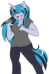 Size: 2036x3076 | Tagged: safe, artist:jolliapplegirl, derpibooru import, oc, oc:serenade, anthro, unicorn, male, microphone, next generation, offspring, parent:neon lights, parent:vinyl scratch, parents:vinylights, sharp teeth, solo, stallion, teeth