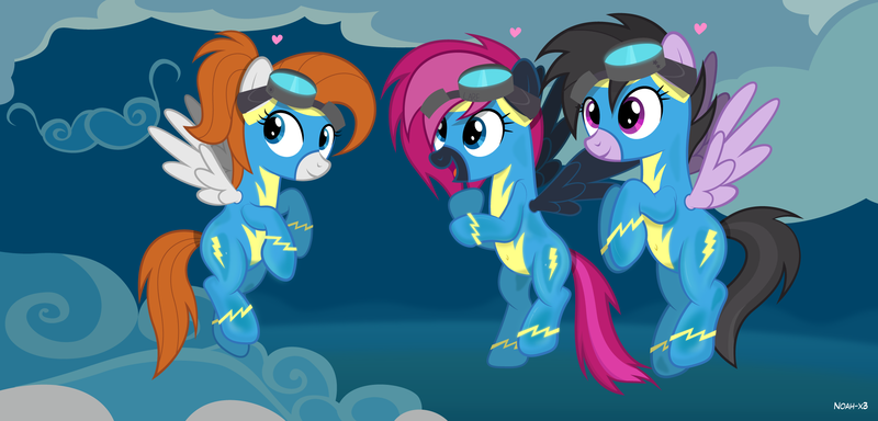 Size: 2250x1080 | Tagged: safe, artist:noah-x3, derpibooru import, oc, oc:chloe jones, oc:neon flare, oc:sky chase, unofficial characters only, pegasus, pony, clothes, cloud, female, flying, goggles, mare, uniform, wonderbolts uniform