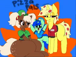 Size: 512x387 | Tagged: safe, artist:chillywilly, derpibooru import, oc, oc:chilly willy, oc:pizazz, oc:rooty booty, ponified, unofficial characters only, food pony, original species, pizza pony, pony, soda pony, unicorn, bottlecap, butt freckles, clothes, eyeshadow, food, freckles, hat, large butt, makeup, meat, name tag, pepperoni, pigtails, pizza, shirt, thighs, thunder thighs