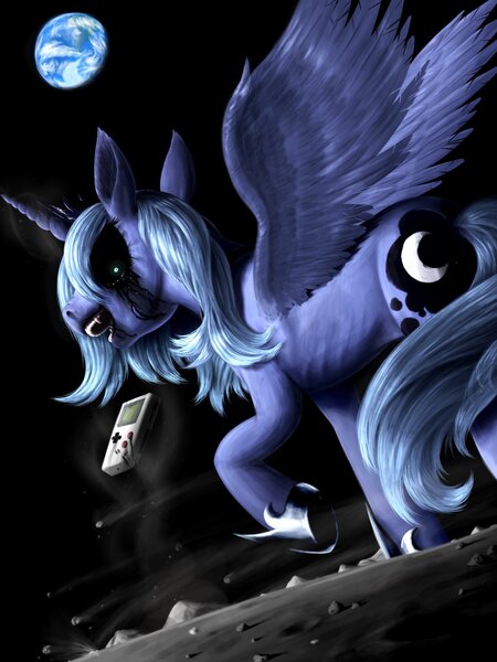 Size: 1536x2048 | Tagged: semi-grimdark, artist:askloona, derpibooru import, princess luna, alicorn, pony, loony luna, black sclera, creepy, earth, fangs, game boy, magic, moon, s1 luna, smiling, solo, spread wings, telekinesis, wings