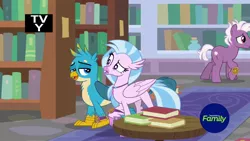 Size: 1920x1080 | Tagged: safe, derpibooru import, screencap, gallus, loganberry, silverstream, classical hippogriff, earth pony, gryphon, hippogriff, pony, a matter of principals, book, bookshelf, discovery family logo, duo focus, female, friendship student, library, male, stallion, table
