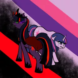 Size: 600x600 | Tagged: safe, artist:sinsays, derpibooru import, part of a set, twilight sparkle, pony, unicorn, ask corrupted twilight sparkle, tumblr:ask corrupted twilight sparkle, cape, clothes, color change, colored horn, corrupted, corrupted element of harmony, corrupted element of magic, corrupted twilight sparkle, crown, crying, curved horn, dark, dark equestria, dark magic, dark queen, dark world, darkened coat, darkened hair, duo, duo female, exploitable meme, failure, female, floppy ears, gritted teeth, hoof shoes, horn, jewelry, magic, meme, necklace, part of a series, queen twilight, regalia, sad, sombra empire, sombra eyes, sombra's horn, tiara, tumblr, two sides, tyrant sparkle, unicorn twilight, upset, worlds collide