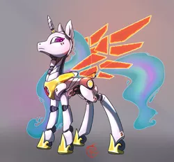 Size: 1400x1299 | Tagged: safe, artist:overkenzie, derpibooru import, princess celestia, alicorn, pony, robot, robot pony, roboticization, solo