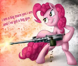 Size: 900x759 | Tagged: artist:rule1of1coldfire, browning m2, derpibooru import, edit, gun, lyrics, machine gun, nine inch nails, pinkie pie, safe, shooting, solo, song reference, text, text edit, weapon, who needs trigger fingers