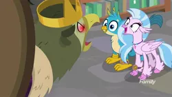 Size: 1920x1080 | Tagged: safe, derpibooru import, screencap, gallus, king grover, silverstream, classical hippogriff, gryphon, hippogriff, a matter of principals, beak, bookshelf, crown, crown of grover, cute, diastreamies, discovery family logo, duo, female, jewelry, library, male, necklace, open beak, open mouth, red eyes, red eyes take warning, regalia