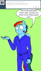 Size: 1110x1920 | Tagged: anthro, anthroquestria, artist:americananomaly, ask, derpibooru import, rainbow blitz, rainbow dash, rule 63, safe, solo, tracksuit, tumblr