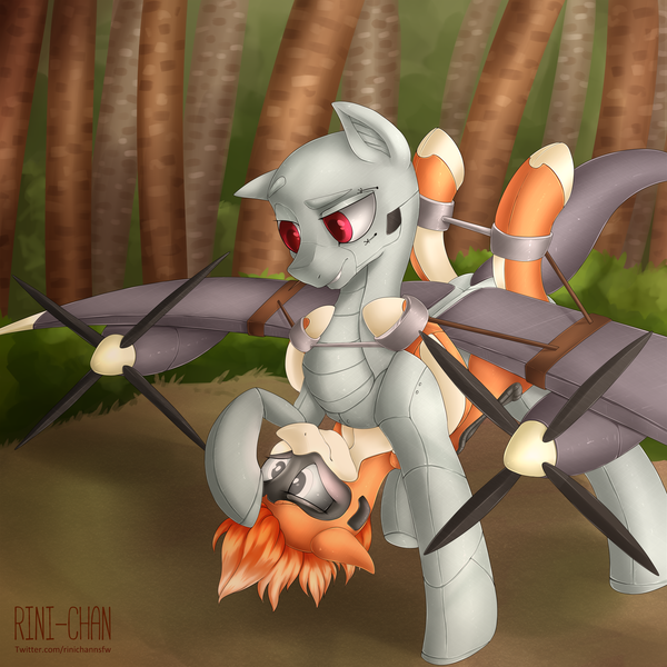 Size: 2700x2700 | Tagged: questionable, artist:rinikka, derpibooru import, oc, oc:dorn, oc:kiva, original species, plane pony, pony, robot, robot pony, accidentally featured on eqd, ahegao, belly riding, blushing, cuffs, female, implied sex, kirn, male, oc x oc, open mouth, plane, restrained, shipping, straight, tongue out