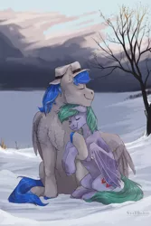 Size: 2000x3000 | Tagged: safe, artist:marinavermilion, derpibooru import, oc, oc:brensa, oc:record melodie, bat pony, pegasus, pony, bat pony oc, bat wings, brecord, commission, cuddling, fedora, female, giant pegasus, hat, holding hooves, hug, male, mare, size difference, stallion, unshorn fetlocks, wings, winter