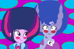 Size: 1600x1067 | Tagged: safe, artist:bigpurplemuppet99, artist:ktd1993, artist:luckreza8, derpibooru import, princess luna, twilight sparkle, equestria girls, afro, alternate hairstyle, blushing, female, lesbian, lunafro, shipping, twiluna, vice principal luna