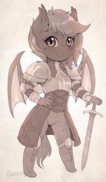 Size: 1400x2400 | Tagged: safe, artist:evomanaphy, derpibooru import, oc, oc:speck, unofficial characters only, anthro, bat pony, agrias, agrias oaks, anthro oc, armor, bat pony oc, bat wings, chibi, clothes, fangs, female, final fantasy, final fantasy tactics, hand on hip, looking at you, monochrome, simple background, smiling, solo, sword, weapon, white background, wings