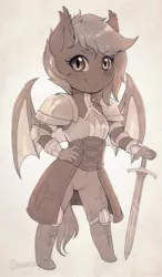 Size: 1400x2400 | Tagged: safe, artist:evomanaphy, derpibooru import, oc, oc:speck, unofficial characters only, anthro, bat pony, agrias, agrias oaks, anthro oc, armor, bat pony oc, bat wings, chibi, clothes, fangs, female, final fantasy, final fantasy tactics, hand on hip, looking at you, monochrome, simple background, smiling, solo, sword, weapon, white background, wings