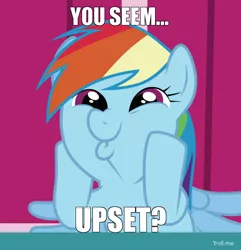 Size: 558x580 | Tagged: safe, derpibooru import, edit, edited screencap, screencap, rainbow dash, applebuck season, caption, cropped, cute, dashabetes, dashface, funny face, image macro, meme, solo, text, you seem upset