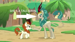 Size: 1280x720 | Tagged: autumn blaze, captain obvious, caption arrow, derpibooru import, duo, edit, edited screencap, kirin, no shit sherlock, rain shine, safe, screencap, sounds of silence, tall