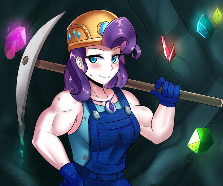 Size: 800x667 | Tagged: safe, artist:tzc, derpibooru import, rarity, equestria girls, anime, clothes, commission, female, geode of shielding, hard hat, helmet, magical geodes, miner, muscles, overalls, pickaxe, ripped rarity, safety helmet, smiling, solo