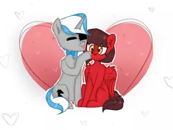 Size: 1600x1200 | Tagged: safe, artist:albatrosonset, derpibooru import, oc, oc:cinnamon pop, oc:sekr gray, pegasus, pony, unicorn, :p, boop, bowtie, commission, eyepatch, eyes closed, female, heart, male, onomatopoeia, sekramon, shipping, silly, simple background, sound effects, straight, tongue out, ych result