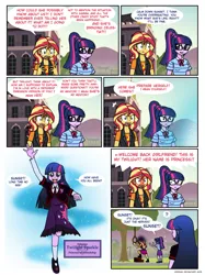 Size: 842x1128 | Tagged: safe, artist:crydius, derpibooru import, sci-twi, sunset shimmer, twilight sparkle, twilight sparkle (alicorn), alicorn, comic:meet the princesses, equestria girls, equestria girls series, attempted suicide, boots, bow, bowtie, building, canterlot high, clothes, comic, confused, cutie mark, cutie mark clothes, day, determined, dialogue, dress, element of generosity, element of honesty, element of kindness, element of laughter, element of loyalty, element of magic, elements of harmony, emblem, epic fail, exclamation point, fail, fear, female, freudian slip, frown, giving up, glasses, grass, grass field, hairpin, hanging, hanging (by neck), happy, holding, jacket, leather, leather boots, leather jacket, leather shoes, leather vest, lesbian, lights, mountain, necktie, nervous, noose, open mouth, outdoors, panic, ponytail, portal, princess of friendship, principal twilight, question mark, ramp, rope, running, school, school of friendship, scitwishimmer, self paradox, self ponidox, shield, shipping, shirt, shoes, skirt, sky, smiling, socks, speech bubble, street lamp, sunsetsparkle, sweat, sweating profusely, symbol, t-shirt, talking, teeth, text, tree, trio, twolight, wall of tags, waving, window, yelling