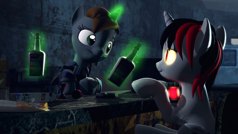 Size: 2560x1440 | Tagged: safe, artist:skylairo, derpibooru import, oc, oc:blackjack, oc:littlepip, pony, unicorn, fallout equestria, fallout equestria: project horizons, fanfic, alcohol, binge, bottle, clothes, fanfic art, female, glowing eyes, glowing horn, hooves, horn, levitation, magic, mare, pipboy, pipbuck, sitting, telekinesis, vault suit, wasteland