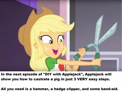 Size: 1596x1202 | Tagged: semi-grimdark, derpibooru import, edit, edited screencap, screencap, applejack, diy with applejack, equestria girls, equestria girls series, spoiler:eqg series (season 2), implied castration, ponestrip, scissors