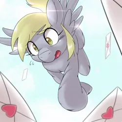 Size: 1536x1536 | Tagged: safe, artist:kurogewapony, derpibooru import, derpy hooves, pegasus, pony, female, imminent crash, mail, mare, open mouth, sky, solo