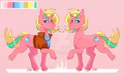 Size: 1280x800 | Tagged: safe, artist:dhabquin, derpibooru import, oc, pony, unicorn, base used, clothes, color palette, deviantart watermark, female, jacket, mare, obtrusive watermark, offspring, parent:big macintosh, parent:raripunk, parent:rarity, parents:rarimac, pink background, simple background, solo, watermark