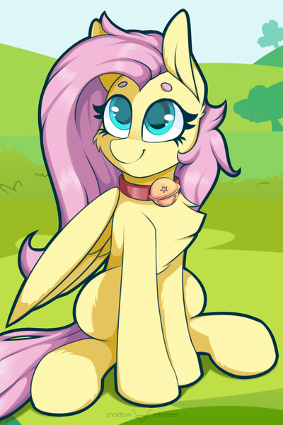 Size: 1181x1772 | Tagged: safe, artist:shadowreindeer, derpibooru import, fluttershy, pegasus, pony, beanbrows, bell, bell collar, cat bell, chest fluff, collar, cute, eyebrows, female, flutterpet, looking at you, mare, pet play, pony pet, shyabetes, sitting, solo