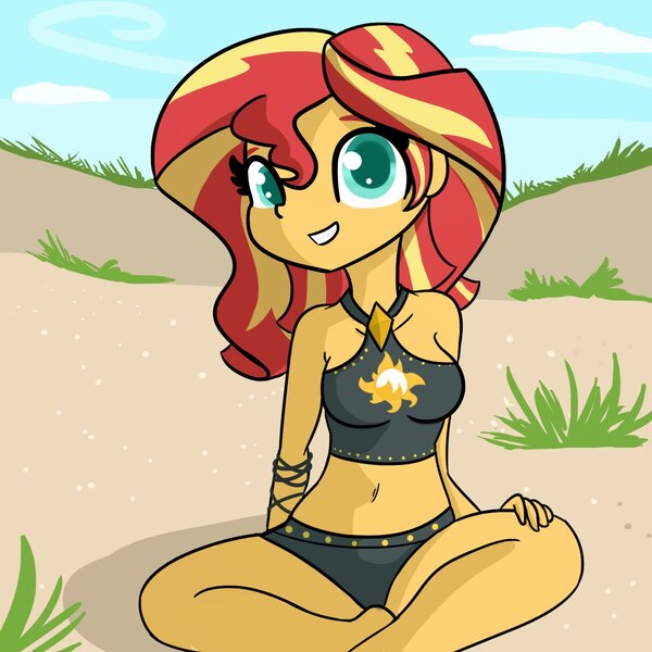 Size: 1650x1650 | Tagged: safe, artist:tjpones, derpibooru import, sunset shimmer, equestria girls, equestria girls series, forgotten friendship, adorasexy, belly button, bikini, clothes, cloud, colored pupils, cute, female, looking at you, sexy, sitting, sky, solo, summer sunset, swimsuit