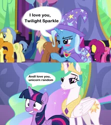 Size: 1280x1440 | Tagged: safe, derpibooru import, edit, edited screencap, screencap, berry punch, berryshine, carrot top, cherry berry, golden harvest, goldengrape, meadow song, princess celestia, sir colton vines iii, starlight glimmer, trixie, twilight sparkle, twilight sparkle (alicorn), alicorn, pony, celestial advice, background pony, blush sticker, blushing, engrish, equestrian pink heart of courage, female, lesbian, megamind, reference, shipping, speech bubble, twixie