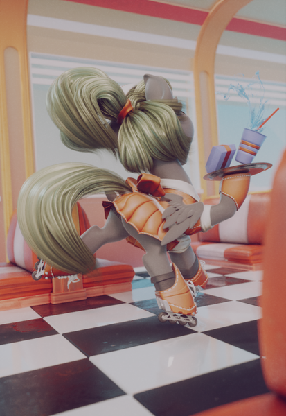 Size: 623x904 | Tagged: safe, artist:v747, derpibooru import, oc, oc:fenderella bass, unofficial characters only, pegasus, pony, 3d, butt, diner, one eye closed, plot, roller skates, solo, waitress, wink