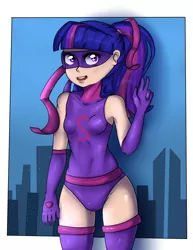 Size: 2700x3500 | Tagged: safe, artist:0blackster, derpibooru import, sci-twi, twilight sparkle, human, equestria girls, clothes, hero, human coloration, leotard, looking at you, sci-titan, solo, superhero, titan, wakai