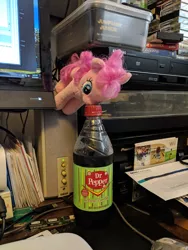 Size: 768x1024 | Tagged: safe, artist:toledo, derpibooru import, pinkie pie, earth pony, pony, balancing, boop, dr. pepper, irl, photo, pinkie being pinkie, plushie, ponies in real life, ponk, soda, solo