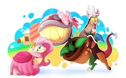 Size: 8700x5388 | Tagged: safe, artist:kyumiku, derpibooru import, discord, fluttershy, draconequus, pegasus, pony, absurd resolution, bow, bowser, bowsercord, brick block, choker, clothes, cloud, cosplay, costume, crossover, crown, discoshy, dress, ear piercing, engrish in the description, female, floppy ears, flower, flutterpeach, food, jewelry, male, mare, mountain, nintendo, open mouth, peach, piercing, piranha plant, plant, princess peach, regalia, scared, sharp teeth, shipping, signature, simple background, sky, smiling, straight, super mario bros., teeth, transparent background, wings, wristband