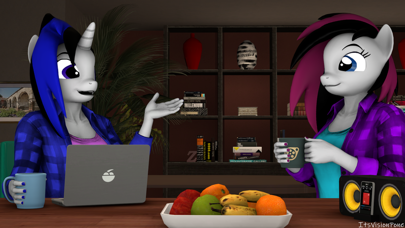 Size: 1920x1080 | Tagged: safe, artist:vision, derpibooru import, oc, oc:fresh beats, oc:vision, anthro, pegasus, pony, unicorn, 3d, clothes, computer, conversation, decoration, duo, female, fruit, image, laptop computer, mare, mug, picture frame, plants, png, shirt, source filmmaker, speaker, sweater