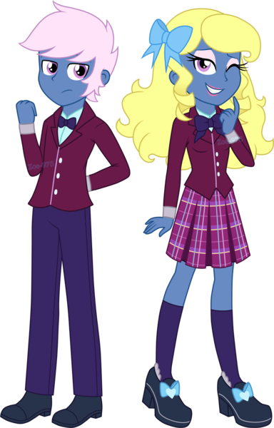 Size: 1912x2985 | Tagged: safe, artist:zoe-975, derpibooru import, oc, oc:azure/sapphire, equestria girls, bowtie, clothes, crossdressing, crystal prep academy uniform, equestria girls-ified, femboy, male, pants, pleated skirt, school uniform, simple background, skirt, socks, solo, transparent background