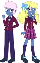 Size: 1912x2985 | Tagged: safe, artist:zoe-975, derpibooru import, oc, oc:azure/sapphire, equestria girls, bowtie, clothes, crossdressing, crystal prep academy uniform, equestria girls-ified, femboy, male, pants, pleated skirt, school uniform, simple background, skirt, socks, solo, transparent background