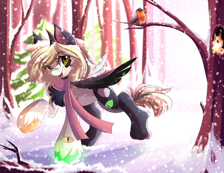 Size: 5102x3961 | Tagged: absurd resolution, artist:airiniblock, bird, clothes, commission, derpibooru import, female, forest, glowing hooves, oc, rcf community, robin, safe, scarf, snow, snowfall, solo, squirrel, tree, unknown species, unofficial characters only, unshorn fetlocks