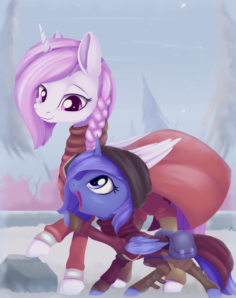 Size: 1144x1448 | Tagged: safe, artist:dusthiel, derpibooru import, oc, oc:astrum, oc:krinita, unofficial characters only, alicorn, pony, ambient.prologue, alicorn oc, braid, clothes, coat, cute, female, horn, not celestia, not luna, open mouth, siblings, sisters, smiling, snow, wings